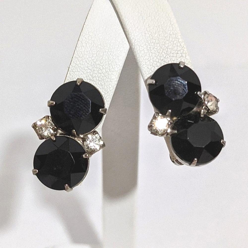 Vintage Silver & Black Rhinestone Clip Earrings